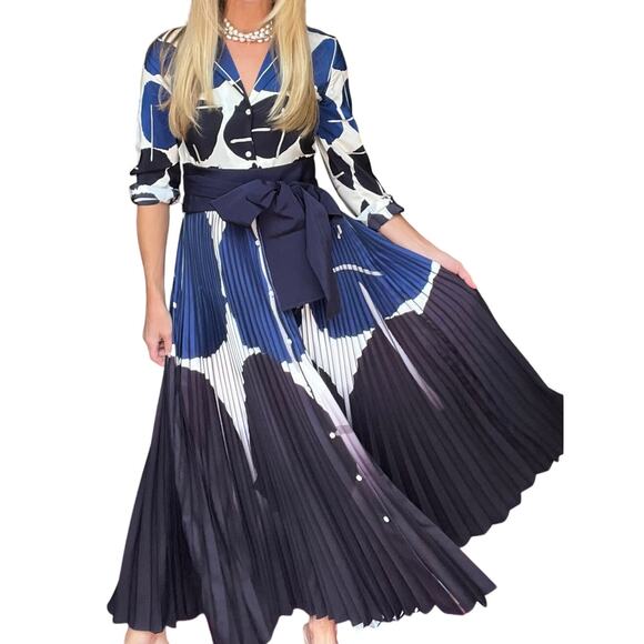 Sara Roka Terma Geodots Pleated Maxi Dress in Blue 48 US 12 - Picture 1 of 4